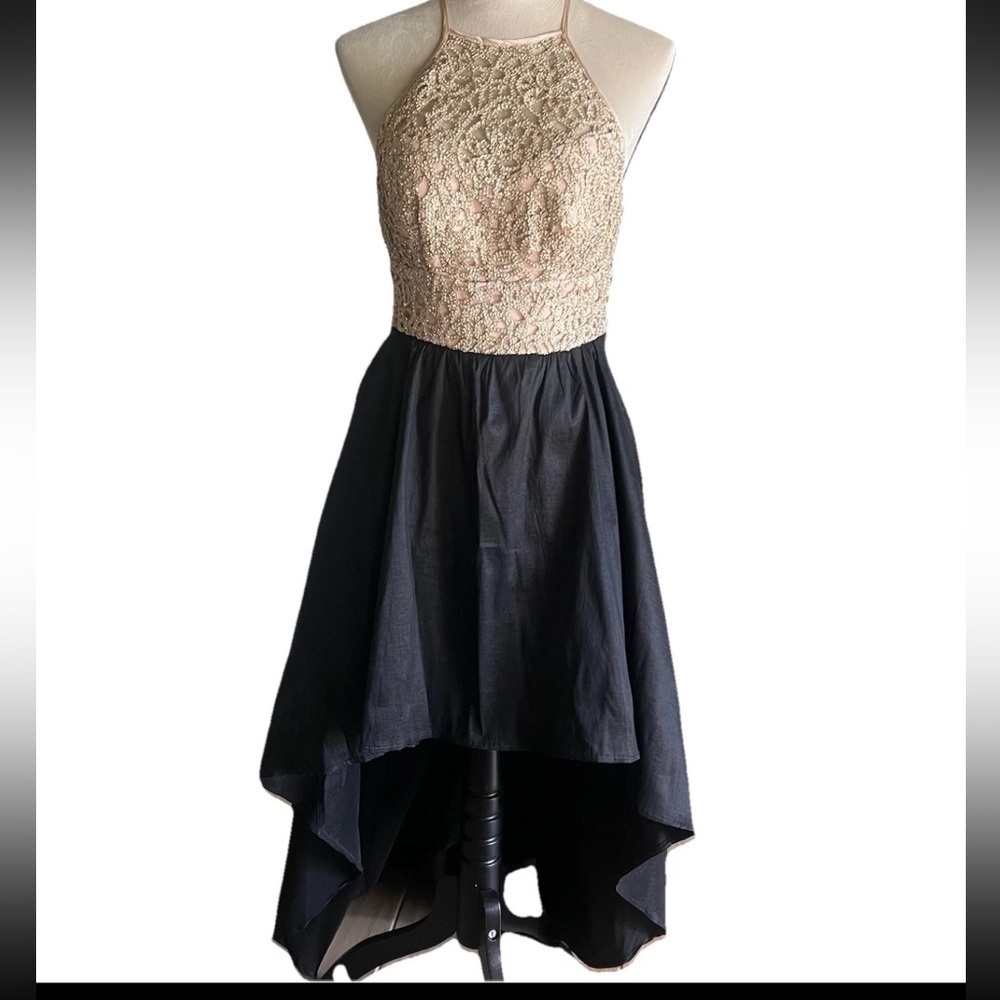 B Smart Prom Dress Size 1/2 Hi Low Sheer Gold Rhinestone Beaded Hoco Evening Y2K